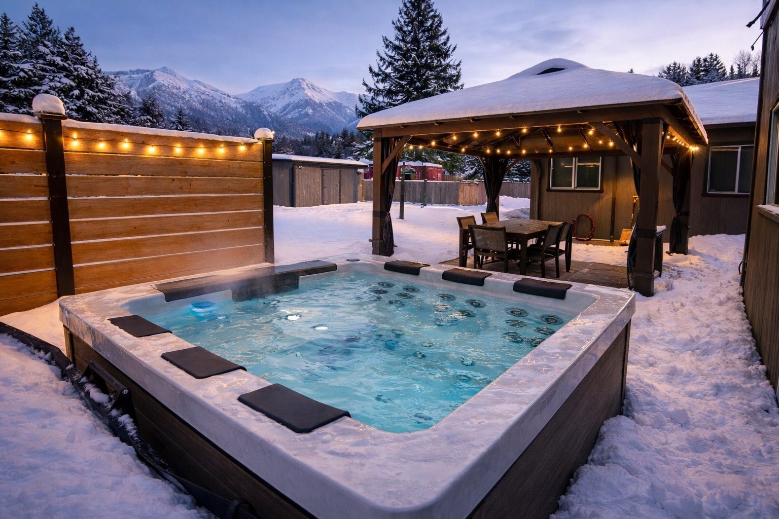 Private hot tub with mountain views at a managed Squamish short-term rental